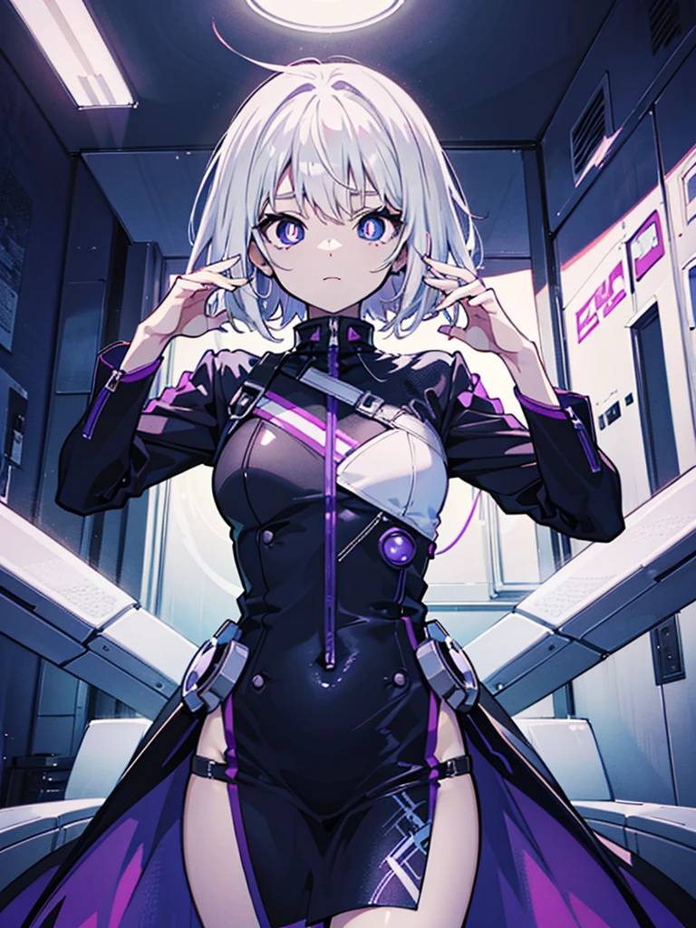 (masterpiece,Best quality,Anime style,Sense of atmosphere,CG Rendering,4K,Ray Tracing)(white hair,Purple pupils,Neo-futuristic design,Future Clothing)(Solo)