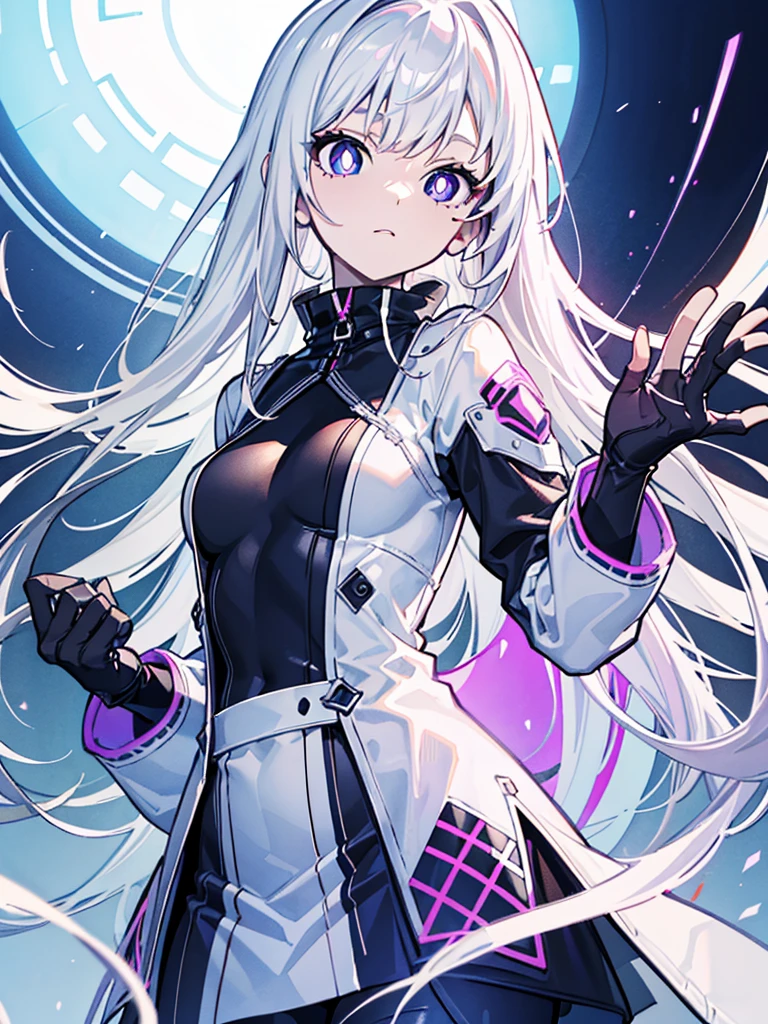 (masterpiece,Best quality,Anime style,Sense of atmosphere,CG Rendering,4K,Ray Tracing)(white hair,Purple pupils,Neo-futuristic design,Future Clothing)(Solo)
