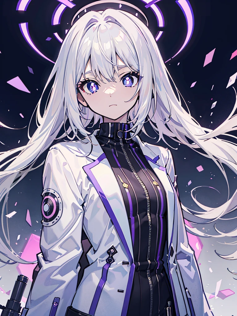(masterpiece,Best quality,Anime style,Sense of atmosphere,CG Rendering,4K,Ray Tracing)(white hair,Purple pupils,Neo-futuristic design,Future Clothing)(Solo)
