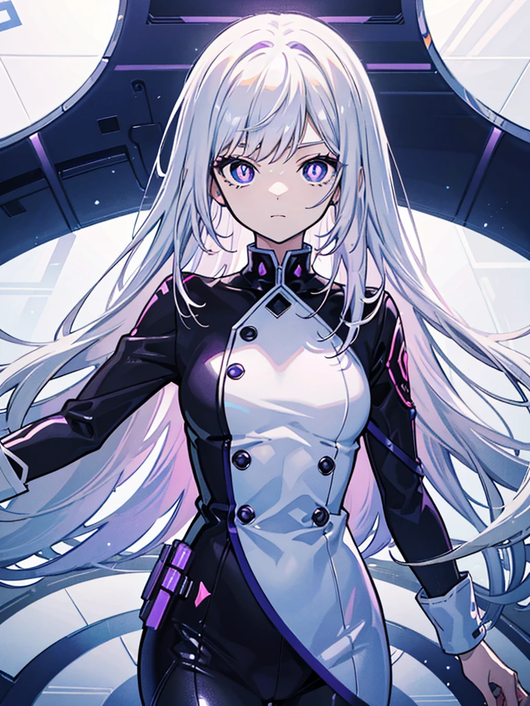 (masterpiece,Best quality,Anime style,Sense of atmosphere,CG Rendering,4K,Ray Tracing)(white hair,Purple pupils,Neo-futuristic design,Future Clothing)(Solo)