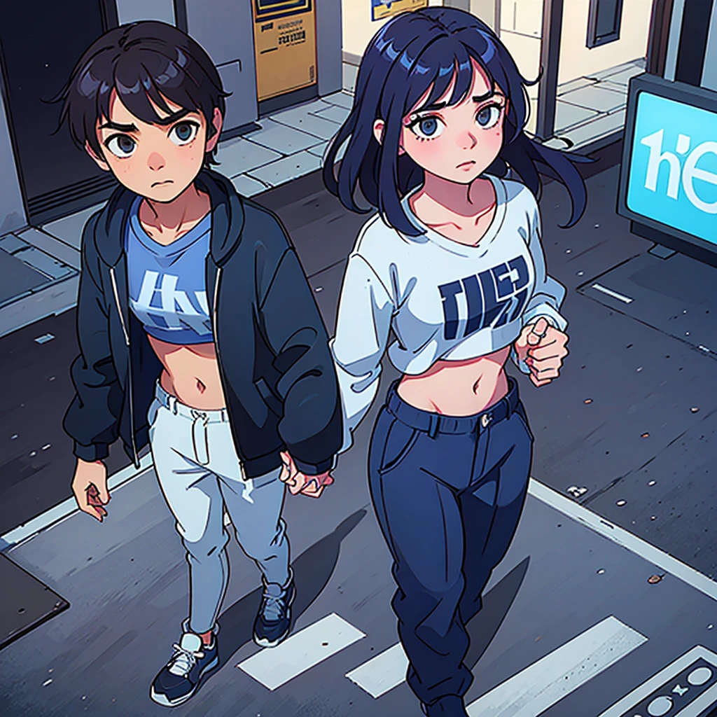 17 year old boy in a blue sweatshirt walking down the street holding hands with a 16 year old girl in a crop top 