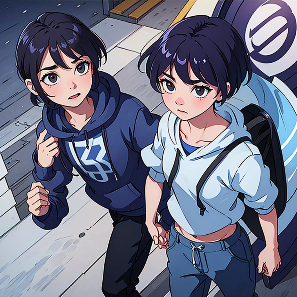 boy in a blue sweatshirt walking down the street holding hands with a 16 year oldcrop top