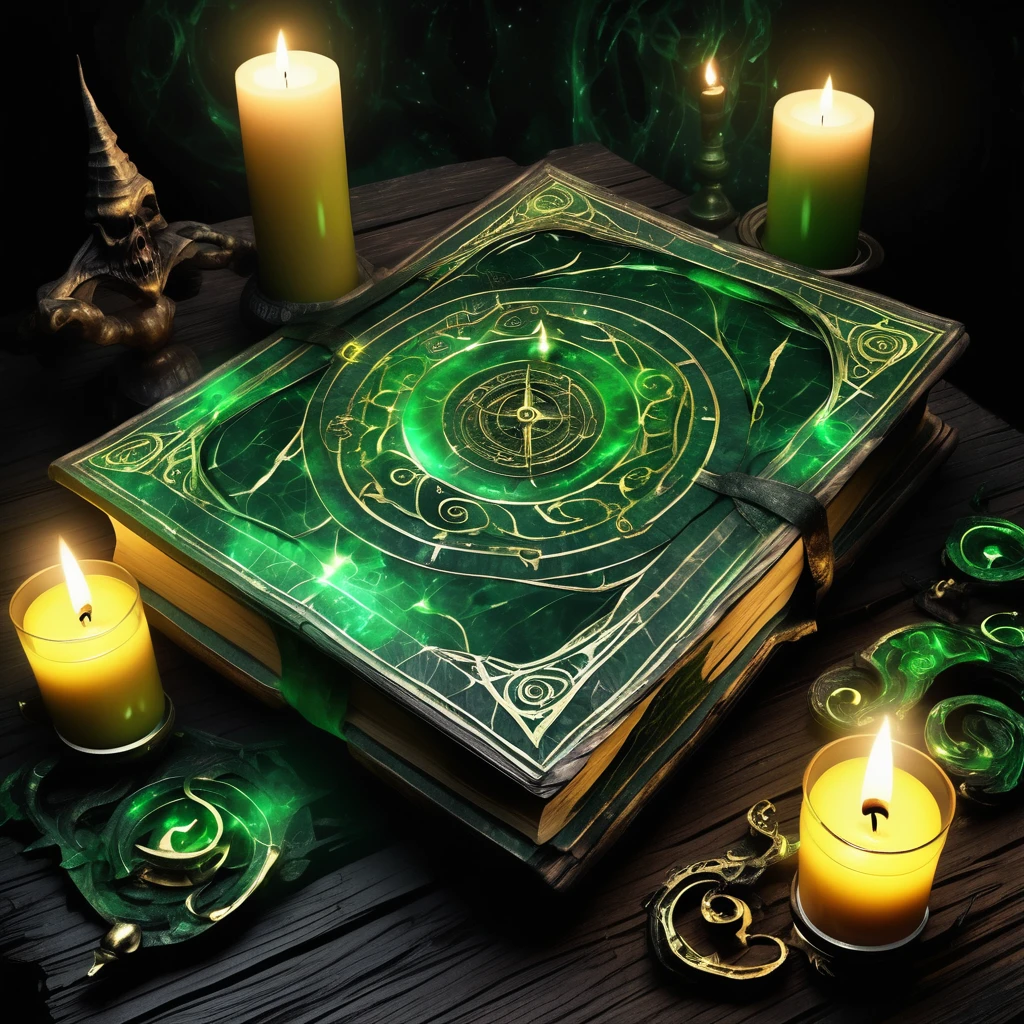 ((best quality)), ((masterpiece)), ((actual,Digital art)), (Super detailed),DonMD34thM4g1cXL, Magic grimoire with yellow worn pages and mystical runes, Lying on an eerie ancient table made of dark wood, (dark, sinister:2.0), fading dark green magic swirls and candle lights,