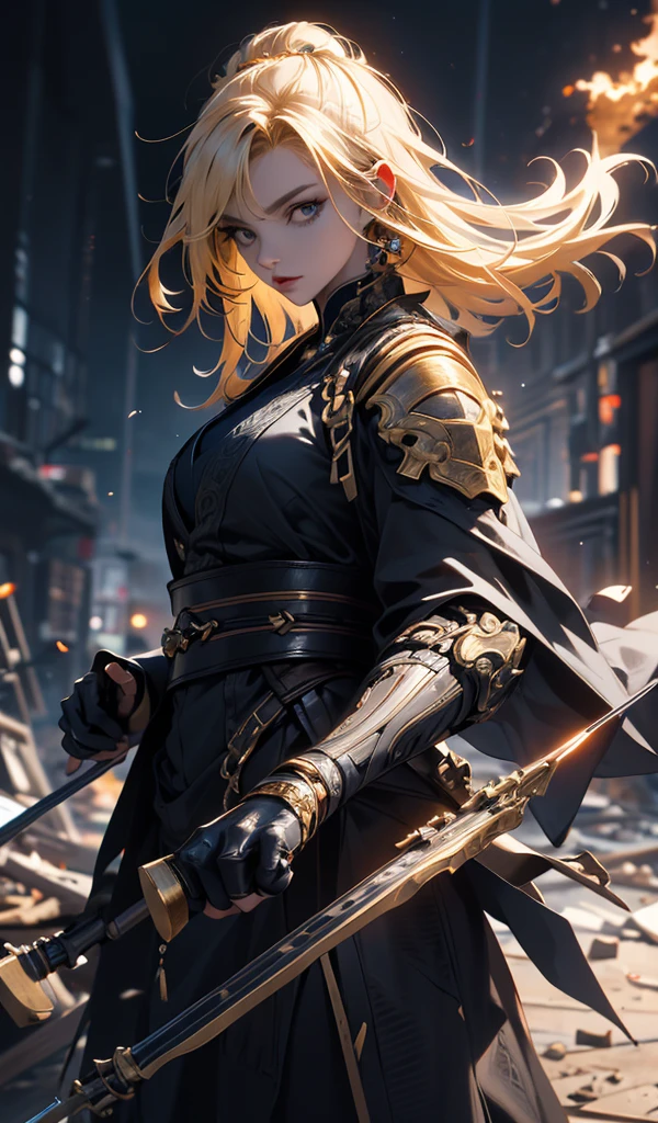 masterpiece, high quality, 4K, Beautiful design, silhouette，blonde， Highly detailed night starry sky,battlefield， wonderful, Finer details,  Very knowledgeable woman, Highly detailed solo, 1 female,Big and aggressive，Wizard，Burning City，Crumbling Building，