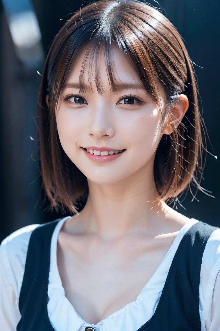 1 girl,(wearing colorful stage costume:1.2),very beautiful japanese idol portrait,close up of face,(RAW photo,best quality),(real,realistic:1.4),(masterpiece),very delicate and beautiful,very detailed,2k wallpaper,amazing,finely detailed,highly detailed CG Unity 8K wallpaper,very detailed,high resolution,soft light,beautiful detailed girl,very detailed eyes and face,beautiful refined nose,finely beautiful eyes,cinema lighting,(simple light color background:1.3),(short hair),(bob),full anatomy,slender body,small breasts,smiling