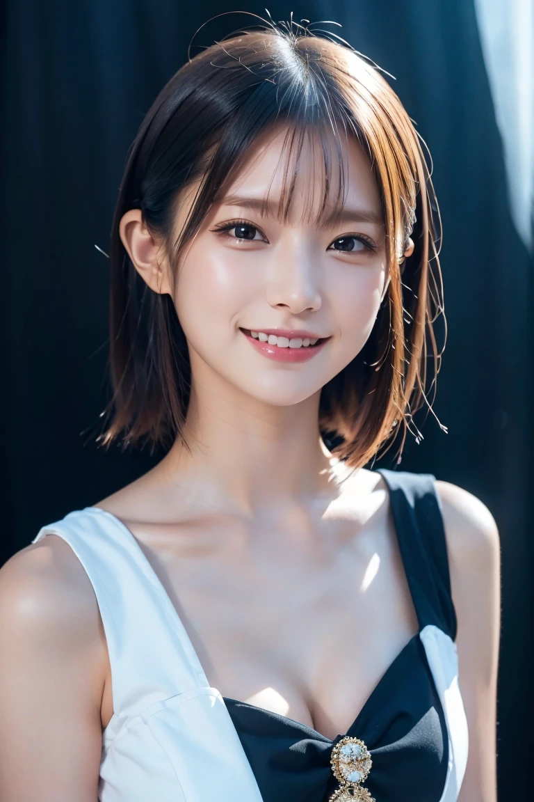 1 girl,(wearing colorful stage costume:1.2),very beautiful japanese idol portrait,close up of face,(RAW photo,best quality),(real,realistic:1.4),(masterpiece),very delicate and beautiful,very detailed,2k wallpaper,amazing,finely detailed,highly detailed CG Unity 8K wallpaper,very detailed,high resolution,soft light,beautiful detailed girl,very detailed eyes and face,beautiful refined nose,finely beautiful eyes,cinema lighting,(simple light color background:1.3),(short hair),(bob),full anatomy,slender body,small breasts,smiling