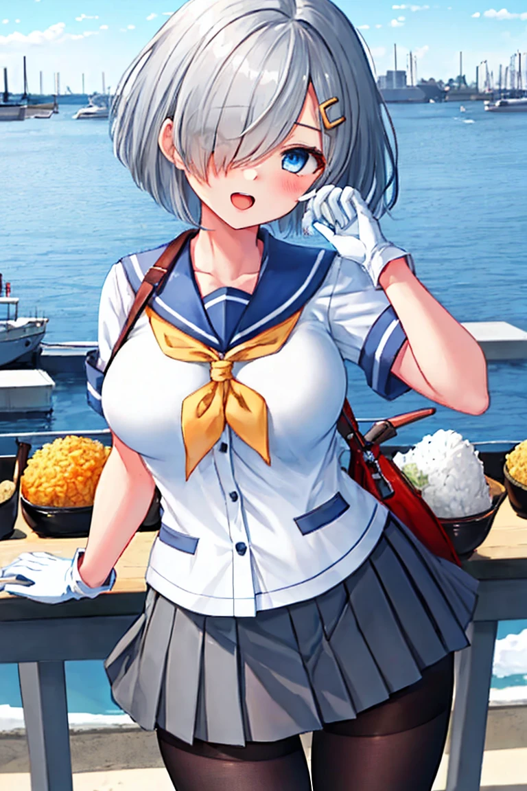 best quality, masterpiece, highres, solo, {hamakaze_kantaicollection:0.90}, 1girl, ,younger_teen,black_pantyhose, pleated_skirt, serafuku, short_sleeves, simple_background, white_background, yellow_neckerchief, white_gloves, looking_at_viewer, grey_skirt, blush, eyes_visible_through_hair, blue_sailor_collar, dynamic_posing,long_bangs,hair_over_one_eye,harbor_school_background,outdoor,large_breasts,onigiri,riceball,girl_eating_riceball,happy,open_mouth