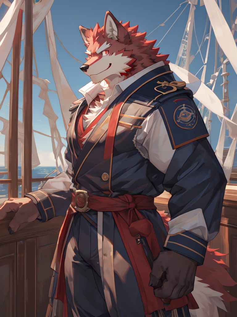 Best quality, diederich olsen (/knights college/), wolf, kemono, nj5furry, Red Fur, Red eyes, Medium Muscular Body, Solo, A sailor, on the ship, excited Looking into the distance, smile, Fierce eyes, full body,