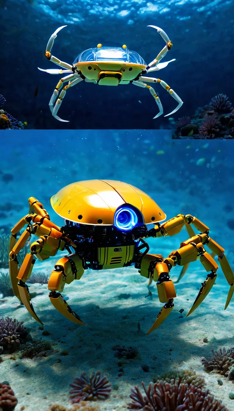 Being at the bottom of the ocean.AI Crabbot It has large claws as big as its body, while still maintaining the realistic appearance of a crab.、Partially transparent design allows you to see the internal mechanism。 A depiction of nanotechnology embedded within a robot's body。Translucent movie stills (Cybernetic robot crab 1.5), (Glowing Veins:1.3) (The cable enters the body, circuit:1.3), Very detailed, Vignette, Very detailed, High budget, Bokeh, Sulky, amazing, nice, Film Grain, granular