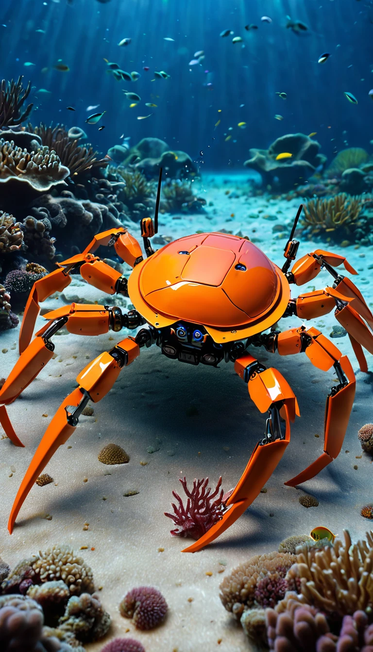 Being at the bottom of the ocean.AI Crabbot It has large claws as big as its body, while still maintaining the realistic appearance of a crab.、Partially transparent design allows you to see the internal mechanism。 A depiction of nanotechnology embedded within a robot&#39;s body。Translucent movie stills (Cybernetic robot crab 1.5), (Glowing Veins:1.3) (The cable enters the body, circuit:1.3), Very detailed, Vignette, Very detailed, High budget, Bokeh, Sulky, amazing, nice, Film Grain, granular