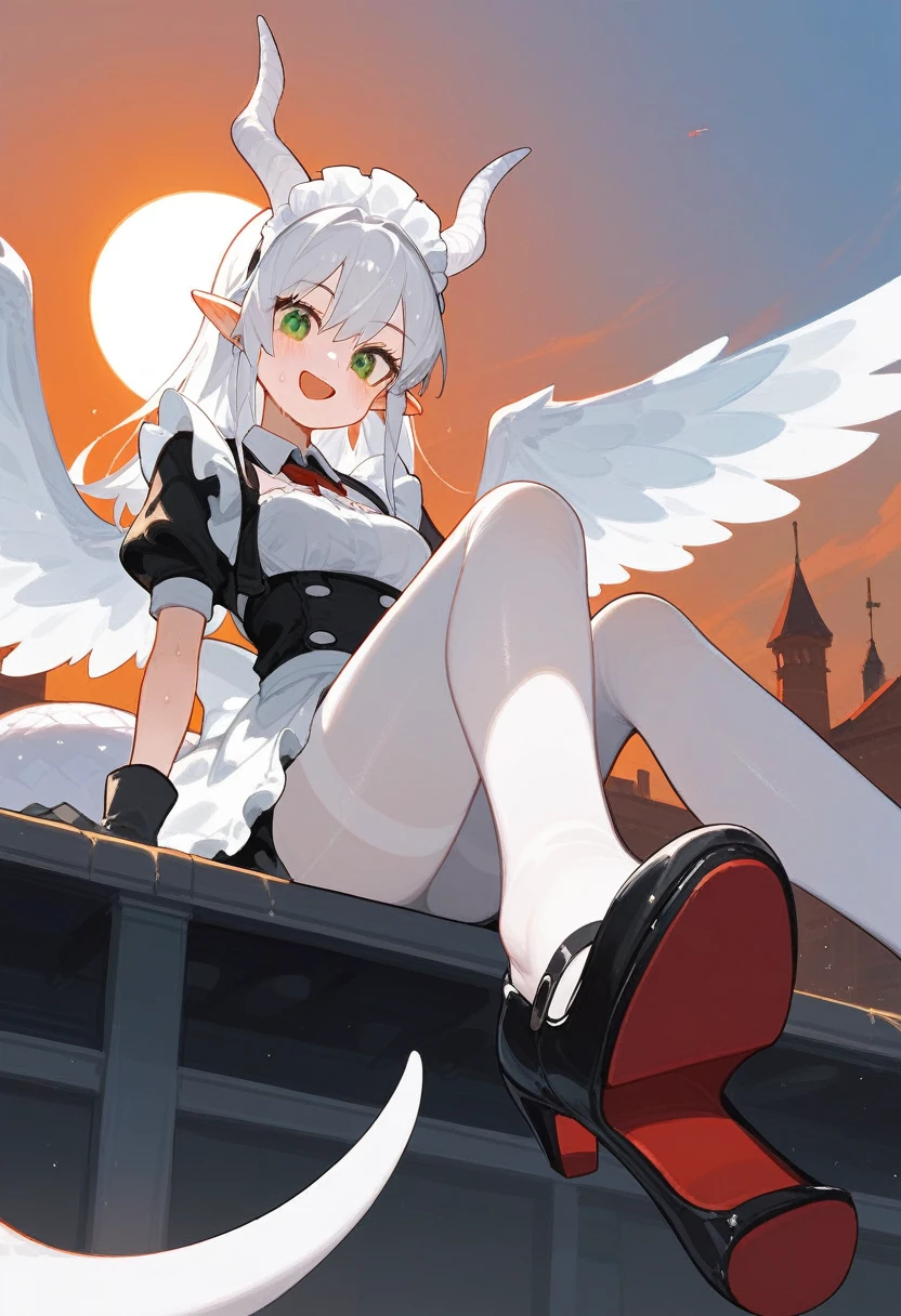 Fraction_9,Fraction_8_Direction_7_up,1 Girl,Dragon Lady,foot,Gloves,Mary Jane Shoes,Sole,Green Eyes,赤foot,Pointed ears,breast,Solitary,Long hair,White tights,White hair,black Gloves,foot趾,foot部焦点,Looking at the audience,sit,Sweat,Open your mouth,foot,Keep,outdoor,sky空,Bangs,sky,Smile,blush,shorten,sun,摸foot,White Wings,White dragon horn,White Tail,Maid costume