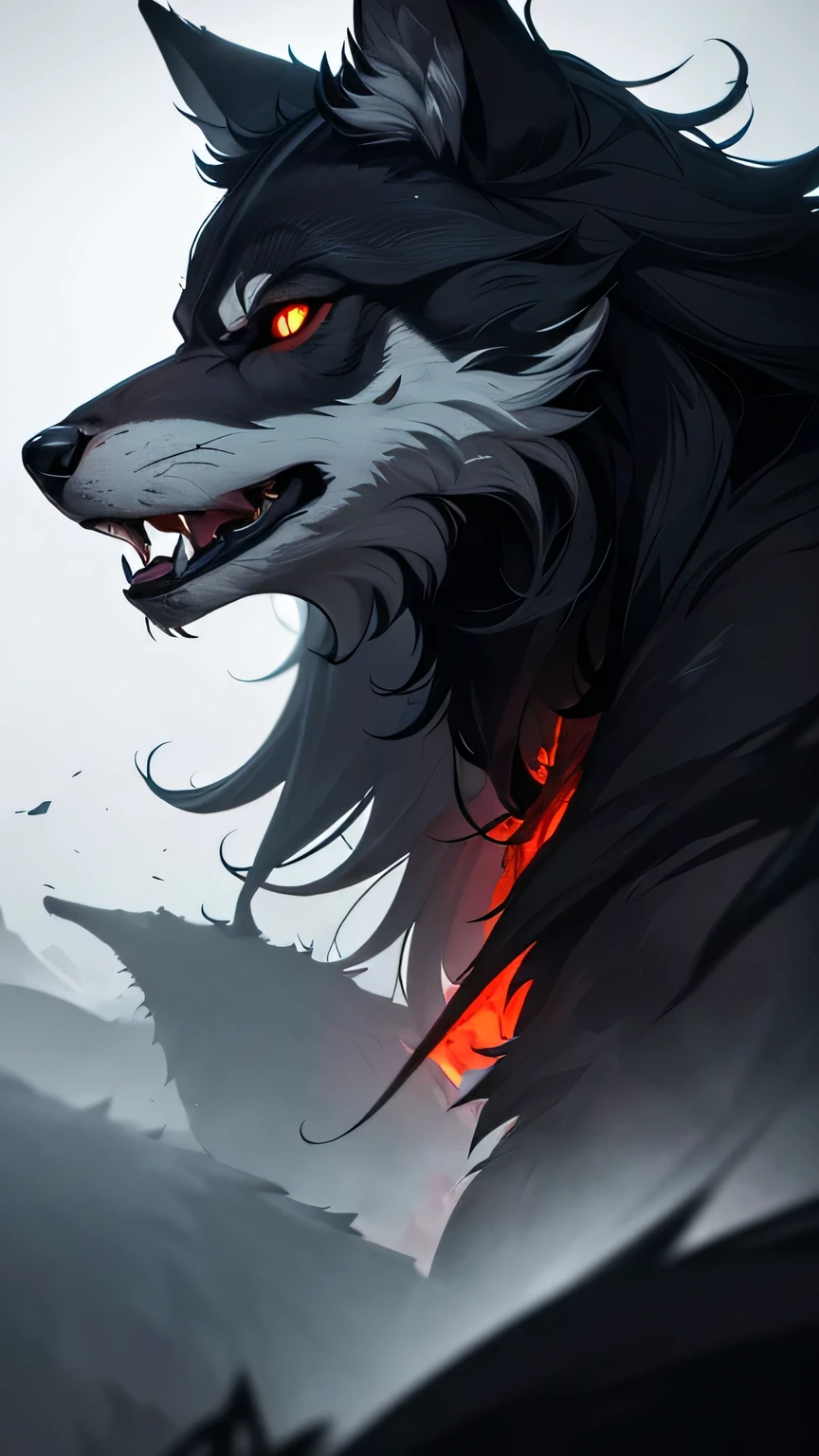 a dark black wolf, glowing red eyes, soft fluffy fur covering its entire body, cinematic lighting, highly detailed, photorealistic, 8k, dramatic composition, moody atmosphere, chiaroscuro lighting, dramatic lighting, dramatic shadows, dark palette, muted colors, cinematic, epic, imposing, powerful, majestic