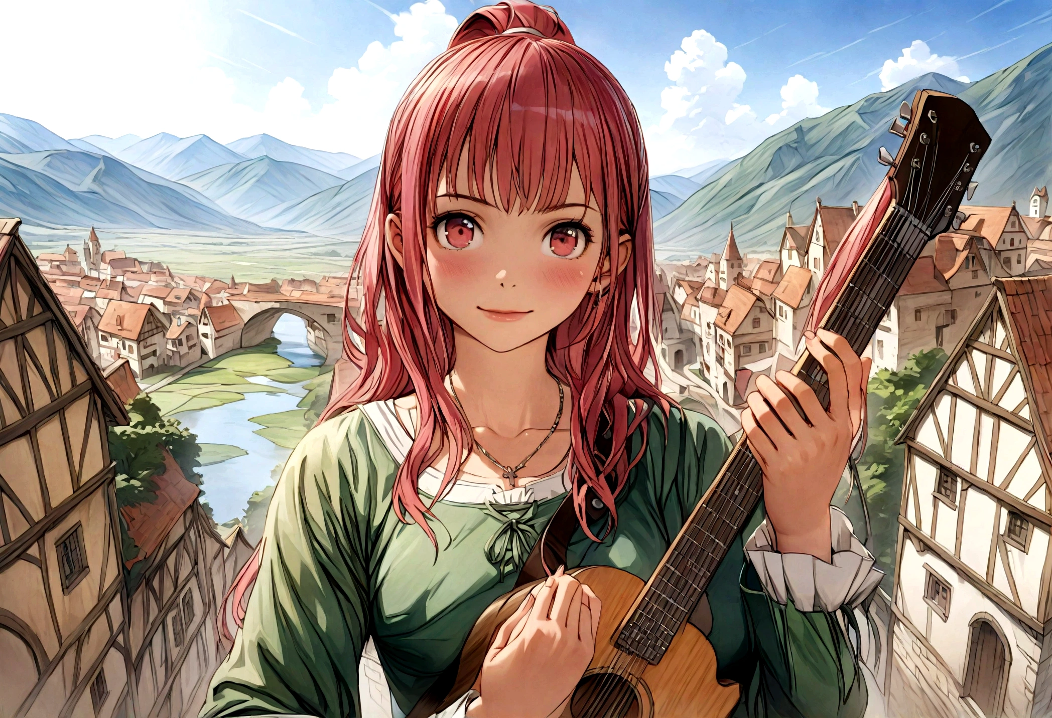 (((Top quality, 4k, 8k, high resolution, masterpiece: 1.2))), (super detailed), (realistic), (photorealistic), (photorealistic: 1.37), (HDR, UHD), (studio (lighting)), ultra-fine drawing, sharp focus, physically based rendering, highly detailed, professional, vibrant colors, perfect ditaile hand, highly detailed realistic eyes,
kawaii, qute,
(((Long shot, Panorama, Distant view, Vast landscape))), knees, feet, looking at viewer,
girls, multiple girls, one girl,
short hair, medium hair, medium length, long hair, ponytail,
red hair, blue hair, blonde hair, green hair, pink hair,
medieval European clothing, Citizen's Clothing from Medieval Europe, miniskirt, mid-length skirt, long skirt, chinos pants,
playing the guitar,
Medieval European town, Medieval European rural village, Rural grassland, Mountain view, Rural river, Irrigation canal,