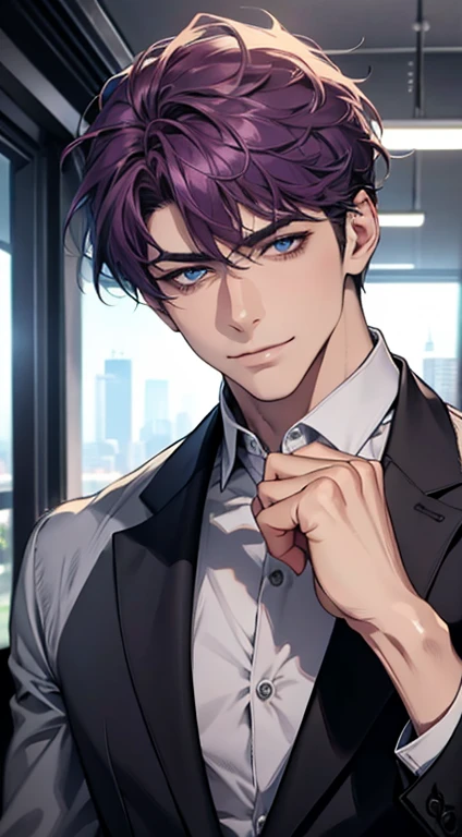 (best quality,4k,8k,highres,masterpiece:1.2),ultra-detailed,(realistic,photorealistic,photo-realistic:1.37),1 man,31 years old,mature man,very handsome,without expression,smile,short purple hair,blue eyes,penetrating gaze,perfect face without errors,imposing posture,businessman,office background,cinematic lighting,hdr image