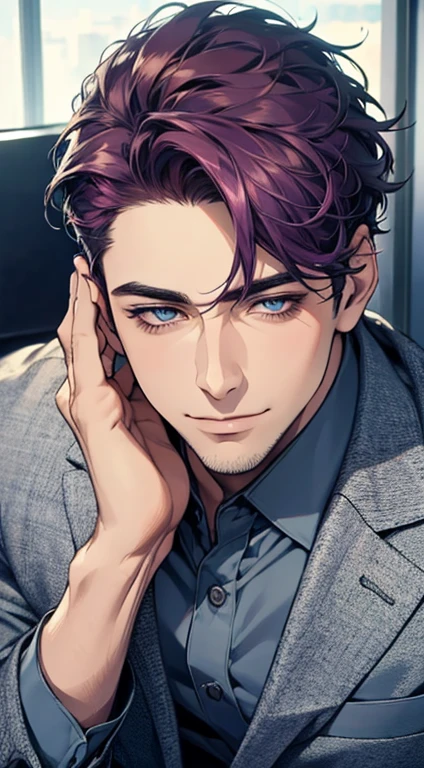 (best quality,4k,8k,highres,masterpiece:1.2),ultra-detailed,(realistic,photorealistic,photo-realistic:1.37),1 man,31 years old,mature man,very handsome,without expression,smile,short purple hair,blue eyes,penetrating gaze,perfect face without errors,imposing posture,businessman,office background,cinematic lighting,hdr image