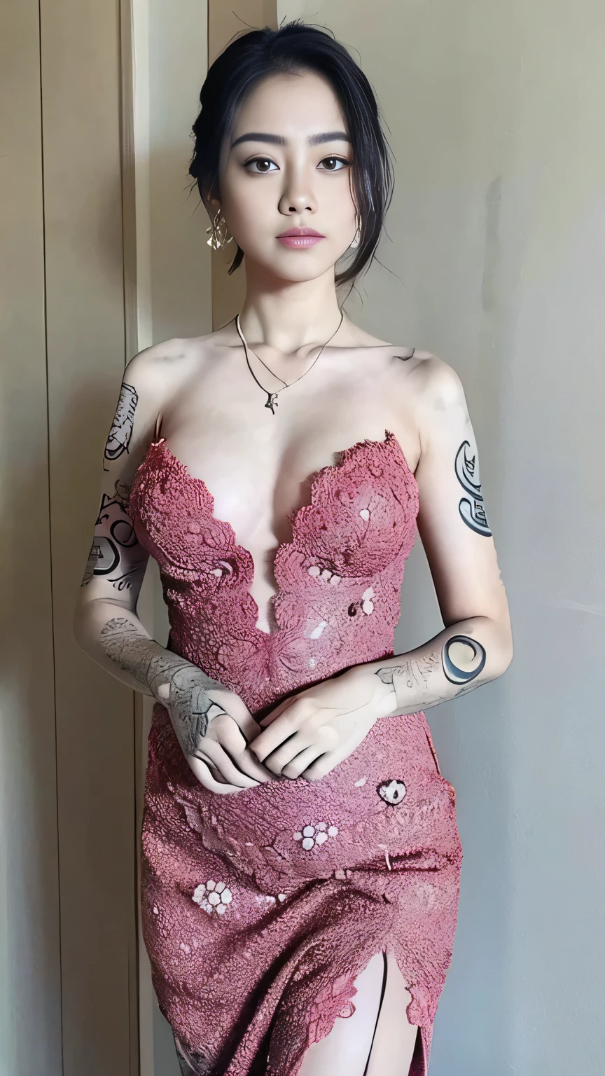 A beauty girl with tattoos on body, beautiful art tattoo detailed, ((text tattoo on body:LOVE)), Wearing kebaya dress, detailed beautiful eyes, big breast, earrings, necklace, Javanese ornament