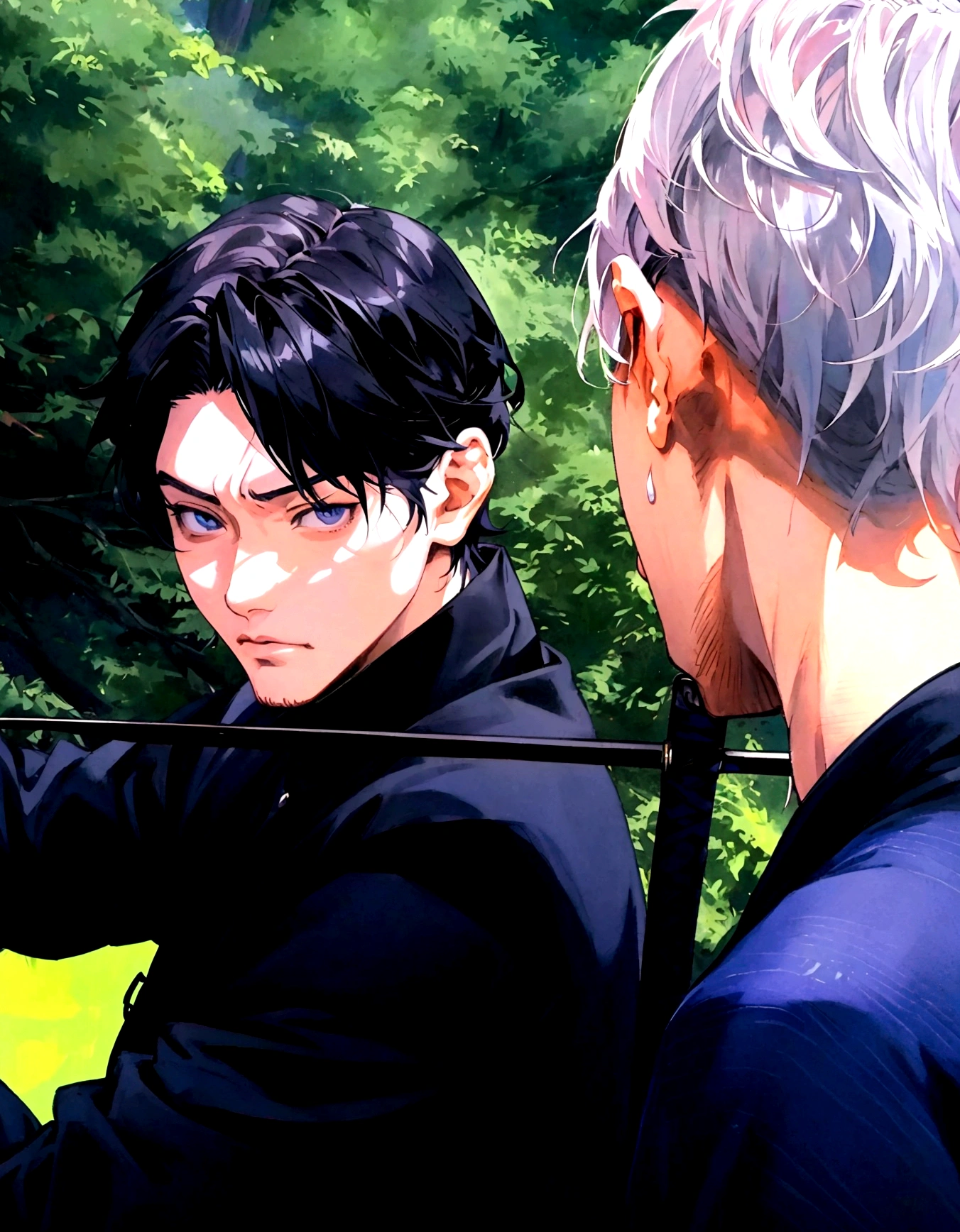 anime - style image of a man with a sword, non-style artwork by guweiz, made with anime painter studio, offcial art, anime realism style, sakimichan and frank franzzeta, realistic anime art style, face nice art, two handsome anime men, highly detailed exquisite fanart