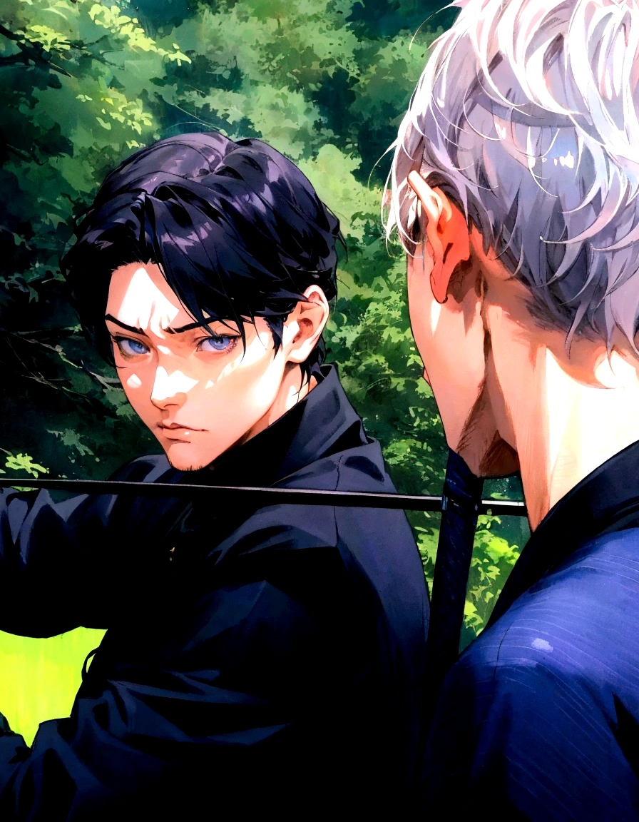 anime - style image of a man with a sword, non-style artwork by guweiz, made with anime painter studio, offcial art, anime realism style, sakimichan and frank franzzeta, realistic anime art style, face nice art, two handsome anime men, highly detailed exquisite fanart
