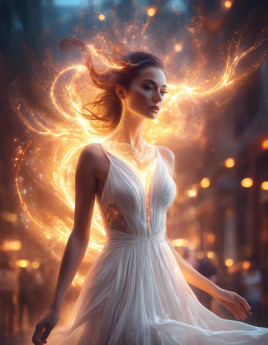 woman in a white dress with glowing lights on her body, digital art by Mike Winkelmann, winner of the cgsociety competition, digital art, glowing magical shiny skin, beautiful digital artwork, Luminous details, fire tornado fractal Glowing particles, light effect. Female, fabulous gorgeous lighting, Glowing dust, ethereal glow, glows with colored light, Brandon Woelfel, 8 k realistic digital art