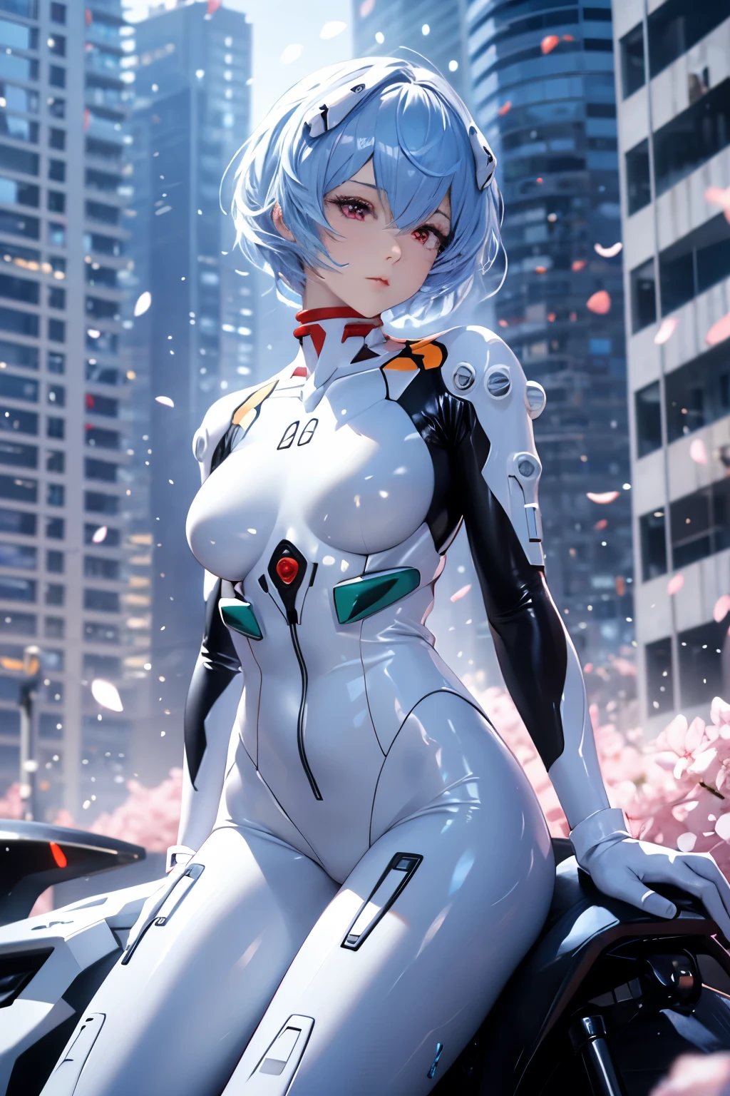 (Realistic, photoRealistic), ayanami, One Girl, Blue Short Hair, White hair ornament, (underwear), Sit on the ground, noon、Sexy pose、Buildings、(Cowboy Shot),(Tabletop, high quality, 最high quality), (colorful),(Delicate eyes and face), Volumetric Light, Ray Tracing, Highly detailed CG Unity 8k wallpaper,alone、((Fluttering petals)),Outdoor, ((cyber punk)), Cyber City, ((Neon Trim)),frontage,(Spread your legs)