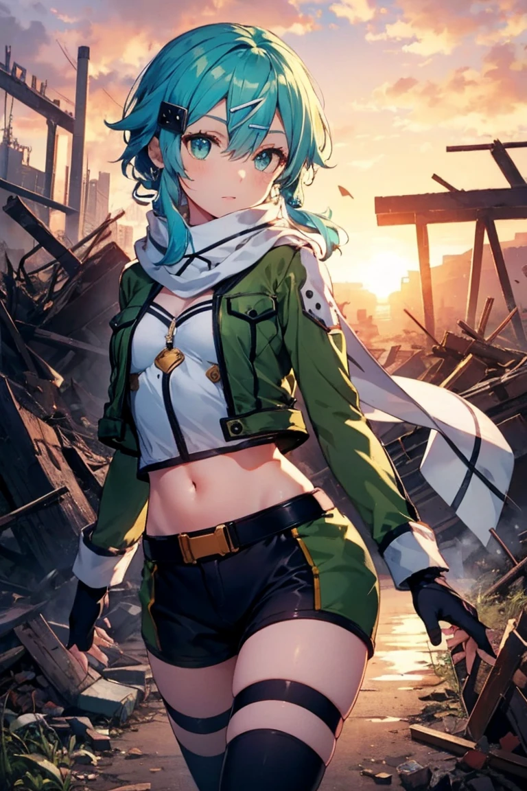 (masterpiece), best quality, expressive eyes, perfect face, highres, sinon1, scarf, fingerless gloves, long sleeves, short shorts,groin, hair ornament, hairclip, green thighhighs, green jacket,covered_nipples, thigh strap, field, sunset_ruins background, ruined structures, dynamic_posing, looking at the viewer, ,covered_navel,