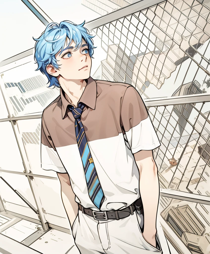 16 year old man in the background there is a city he is on top of his school looking curious and thoughtful the city has blue hair and his eyes are blue
