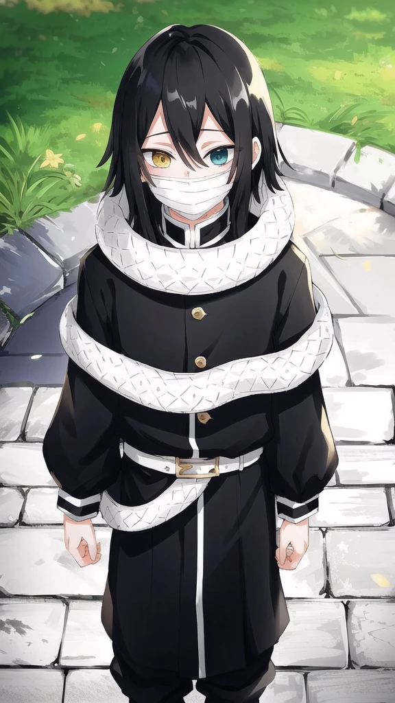 1boy, snake, heterochromia, black hair, male focus, snake, tree, yellow eyes, outdoors, blue eyes, japanese clothes, black pants, hair between eyes, wide sleeves, long sleeves, sky,  demon slayer uniform, striped jacket,  bangs, iguro obanai,  upper body, red eyes, cloudy sky,  long hair, anime screencap, anime coloring, standing, full body, 