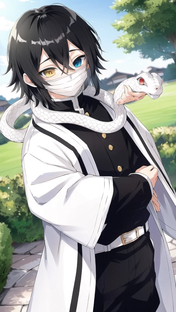 1boy, snake, heterochromia, black hair, male focus, snake, tree, yellow eyes, outdoors, blue eyes, japanese clothes, black pants, hair between eyes, wide sleeves, long sleeves, sky,  demon slayer uniform, striped jacket,  bangs, iguro obanai,  upper body, red eyes, cloudy sky,  long hair, anime screencap, anime coloring, standing, full body, 