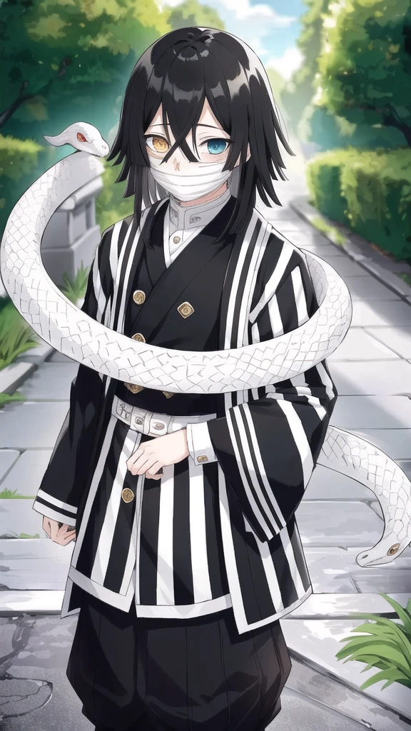 1boy, snake, heterochromia, black hair, male focus, snake, tree, yellow eyes, outdoors, blue eyes, japanese clothes, black pants, hair between eyes, wide sleeves, long sleeves, sky,  demon slayer uniform, striped jacket,  bangs, iguro obanai,  upper body, red eyes, cloudy sky,  long hair, anime screencap, anime coloring, standing, full body, 