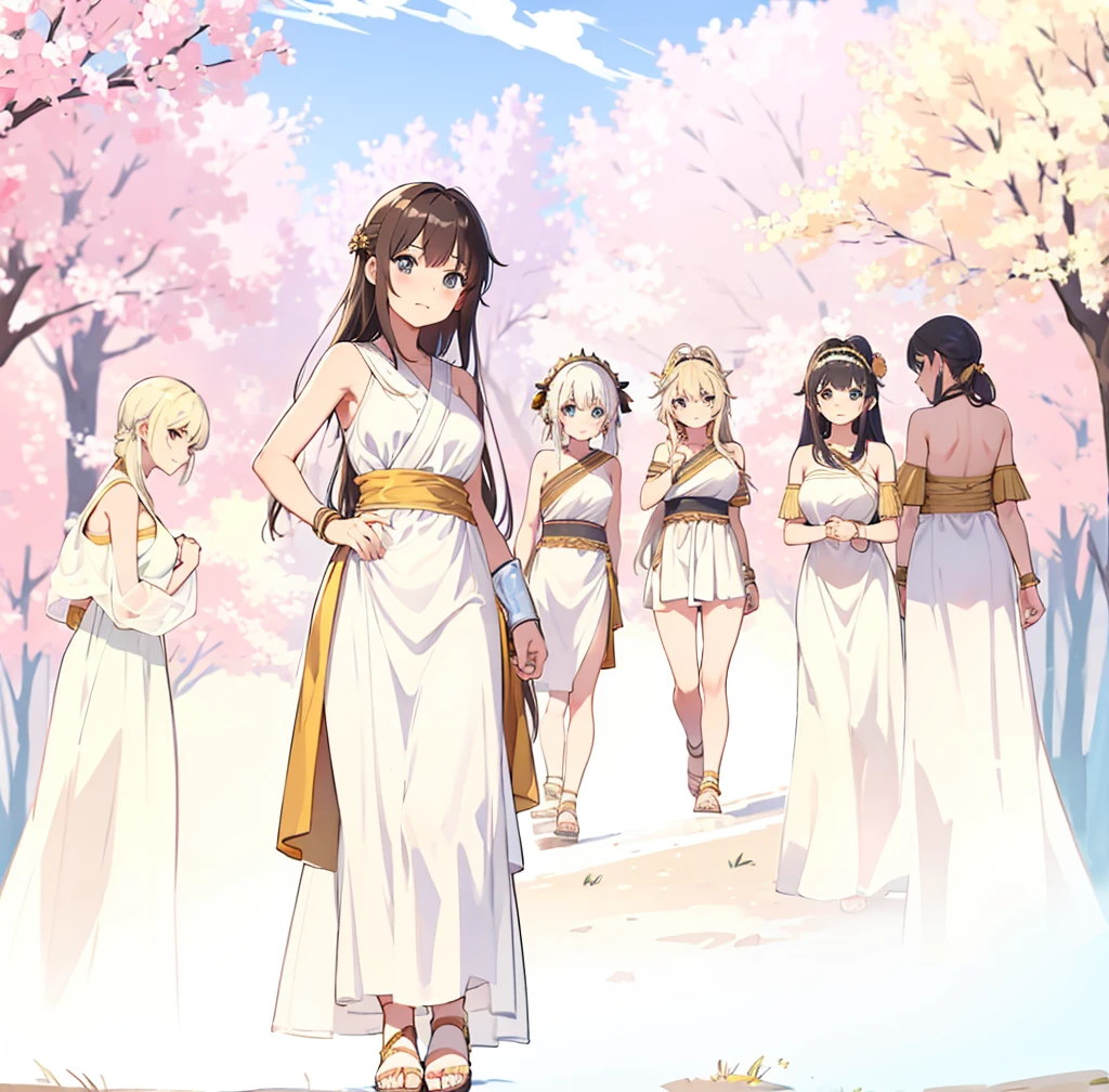 young greek warriors girls in togas , only girls , forest in the background , sandals , sexy , multiple girls , five girls