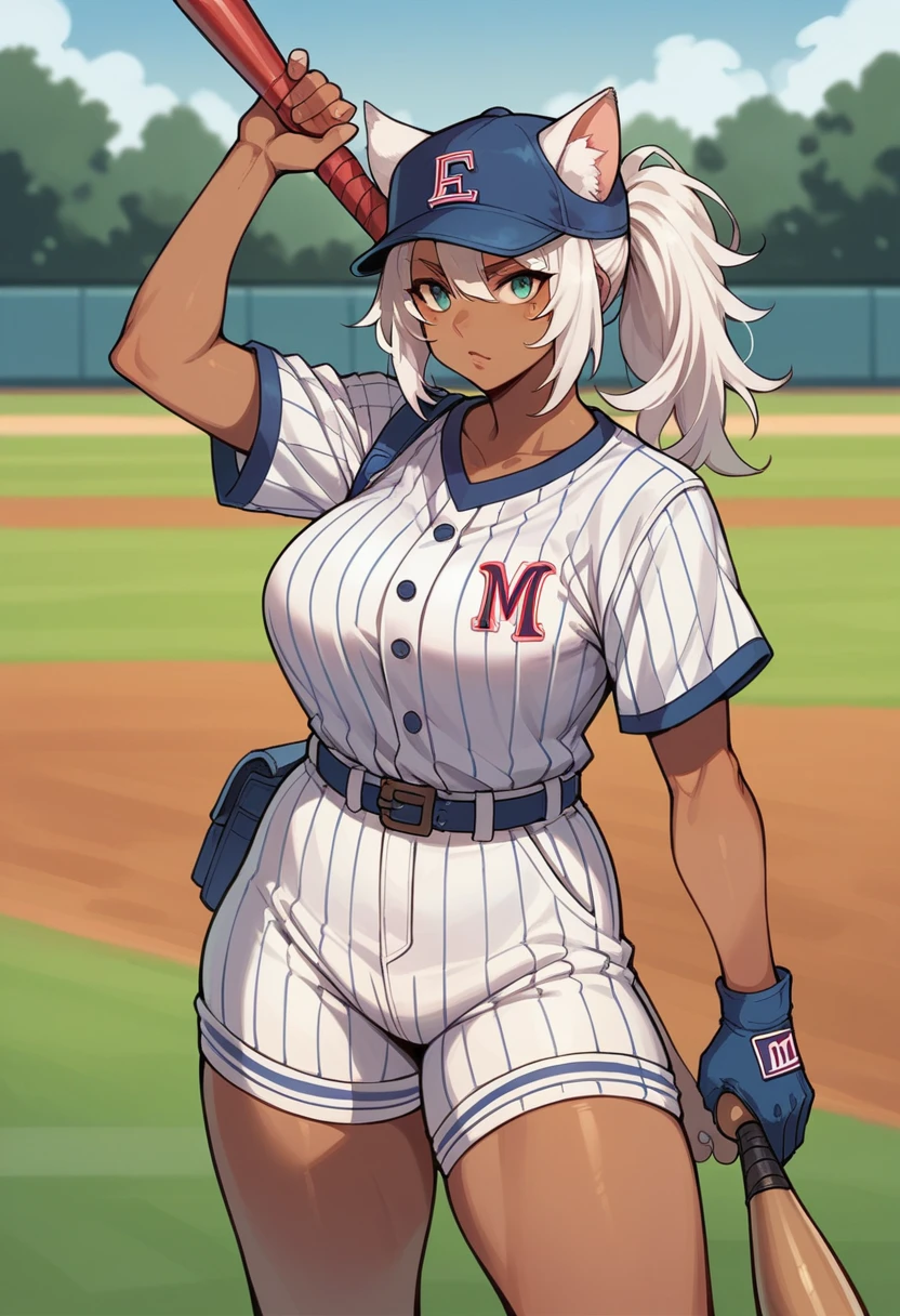 Baseball player with cap,dark skin woman,white  hair,cat ears,big breasts,holding a baseball bat,in a field 