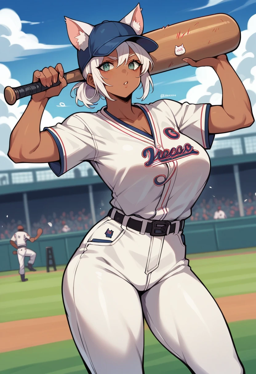 Baseball player with cap,dark skin woman,white hair,cat ears,big breasts,holding a baseball bat,in a field