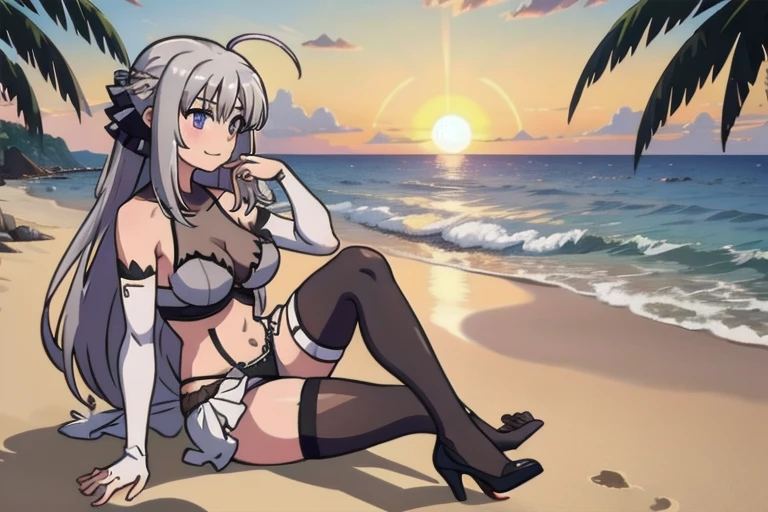 Made_b, One girl, alone, Long Hair, Purple eyes, Ahoge, very Long Hair, Gray Hair, full body, large breast, Gray Hair, bare shoulders, black bustier, black stockings, black g-string, black high heels, Black garter belt, black elbow gloves,
hair ribbon,
From the side, View your viewers, Sitting, Holding_foot, sunset, beach, smile,
masterpiece, best quality, 8k wallpaper, Super detailed, Realistic, Highest quality, best shadow, best illustration, Ultra-high resolution, Highly detailed CG integrated 8K wallpaper