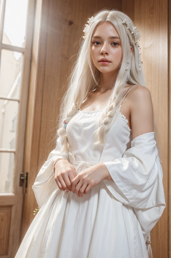 Ultra realistic 8k cg, girl, beautiful, long white hair, hair ornament, white dress