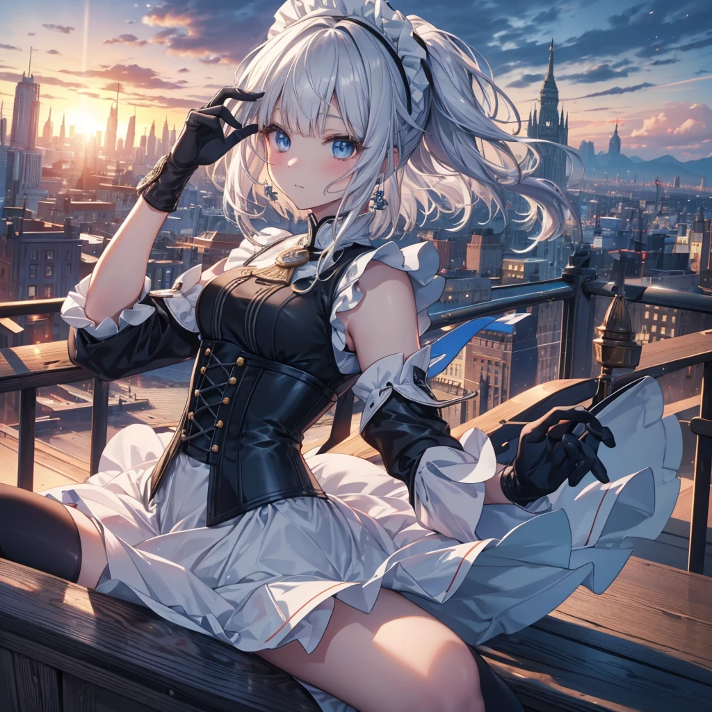 Illustration of one person, Dengeki Bunko, Woman Looking Back, Perfect Human Medicine, Woman keeps falling, {{{{{Maid clothes}}}}},Small Tits,anime, Two legs, Cool,{{{{{50 year old woman}}}}} ,{{{{{a person is depicted}}}}},(Official Art、{{{{{Upper Bodyアングル}}}}},Highest quality、Unity 8k wallpaper、32k、masterpiece、Ultra-detailed、Ultra-high resolution, Realistic、Grab your hair with your hands, Photorealistic:1.2)、(Cinema Lighting:1.2)、,Fire Glow Effect、The most grainy shadows on the film、Rim Light、Side light、Side Shot、(Ultra-detailedで複雑な3Dレンダリング)、Very short hair, Short wolf hair,細部までBeautiful Faceと目、Sharp pupils、Realistic生徒、Slender、Highly detailed background、Beautiful Face、Beautiful 16 year old girl、(Ultra-detailedなスキン、Detailed skin texture:1.Silver Hair:1.3)、Blunt bangs、blue eyes、{{{{{黒いMaid clothes}}}}}、White apron costume、Black knee socks、(Thighs Thighs Thighs Thighs:0.8)、Black Bhutanese sticks and a beautiful sunset、Medieval castle、Dancing on the Tower Roof、(avert your eyes、Overlooking the city:1.3)、Fantastic、Close your mouth and bite, Makes your face smaller, (Tabletop), Highest quality, Perfect Face, 1 Girl, alone, Eye color is light blue, Hair between the eyes, Very Short Hair, blue eyes, Silver Hair, Knee-high boots, corset,Black gloves, Long sleeve, Upper Body,