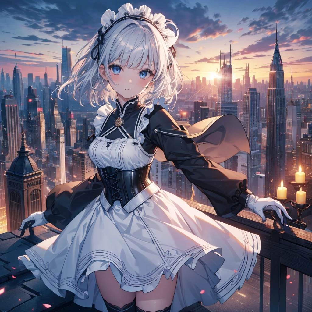 Illustration of one person, Dengeki Bunko, Woman Looking Back, Perfect Human Medicine, Woman keeps falling, {{{{{Maid clothes}}}}},Small Tits,anime, Two legs, Cool,{{{{{50 year old woman}}}}} ,{{{{{a person is depicted}}}}},(Official Art、{{{{{Upper Bodyアングル}}}}},Highest quality、Unity 8k wallpaper、32k、masterpiece、Ultra-detailed、Ultra-high resolution, Realistic、Grab your hair with your hands, Photorealistic:1.2)、(Cinema Lighting:1.2)、,Fire Glow Effect、The most grainy shadows on the film、Rim Light、Side light、Side Shot、(Ultra-detailedで複雑な3Dレンダリング)、Very short hair, Short wolf hair,細部までBeautiful Faceと目、Sharp pupils、Realistic生徒、Slender、Highly detailed background、Beautiful Face、Beautiful 16 year old girl、(Ultra-detailedなスキン、Detailed skin texture:1.Silver Hair:1.3)、Blunt bangs、blue eyes、{{{{{黒いMaid clothes}}}}}、White apron costume、Black knee socks、(Thighs Thighs Thighs Thighs:0.8)、Black Bhutanese sticks and a beautiful sunset、Medieval castle、Dancing on the Tower Roof、(avert your eyes、Overlooking the city:1.3)、Fantastic、Close your mouth and bite, Makes your face smaller, (Tabletop), Highest quality, Perfect Face, 1 Girl, alone, Eye color is light blue, Hair between the eyes, Very Short Hair, blue eyes, Silver Hair, Knee-high boots, corset,Black gloves, Long sleeve, Upper Body,