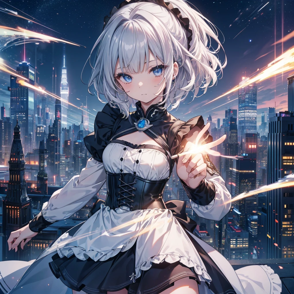 Illustration of one person, Dengeki Bunko, Woman Looking Back, Perfect Human Medicine, Woman keeps falling, {{{{{Maid clothes}}}}},Small Tits,anime, Two legs, Cool,{{{{{50 year old woman}}}}} ,{{{{{a person is depicted}}}}},(Official Art、{{{{{Upper Bodyアングル}}}}},Highest quality、Unity 8k wallpaper、32k、masterpiece、Ultra-detailed、Ultra-high resolution, Realistic、Grab your hair with your hands, Photorealistic:1.2)、(Cinema Lighting:1.2)、,Fire Glow Effect、The most grainy shadows on the film、Rim Light、Side light、Side Shot、(Ultra-detailedで複雑な3Dレンダリング)、Very short hair, Short wolf hair,細部までBeautiful Faceと目、Sharp pupils、Realistic生徒、Slender、Highly detailed background、Beautiful Face、Beautiful 16 year old girl、(Ultra-detailedなスキン、Detailed skin texture:1.Silver Hair:1.3)、Blunt bangs、blue eyes、{{{{{黒いMaid clothes}}}}}、White apron costume、Black knee socks、(Thighs Thighs Thighs Thighs:0.8)、Black Bhutanese sticks and a beautiful sunset、Medieval castle、Dancing on the Tower Roof、(avert your eyes、Overlooking the city:1.3)、Fantastic、Close your mouth and bite, Makes your face smaller, (Tabletop), Highest quality, Perfect Face, 1 Girl, alone, Eye color is light blue, Hair between the eyes, Very Short Hair, blue eyes, Silver Hair, Knee-high boots, corset,Black gloves, Long sleeve, Upper Body,