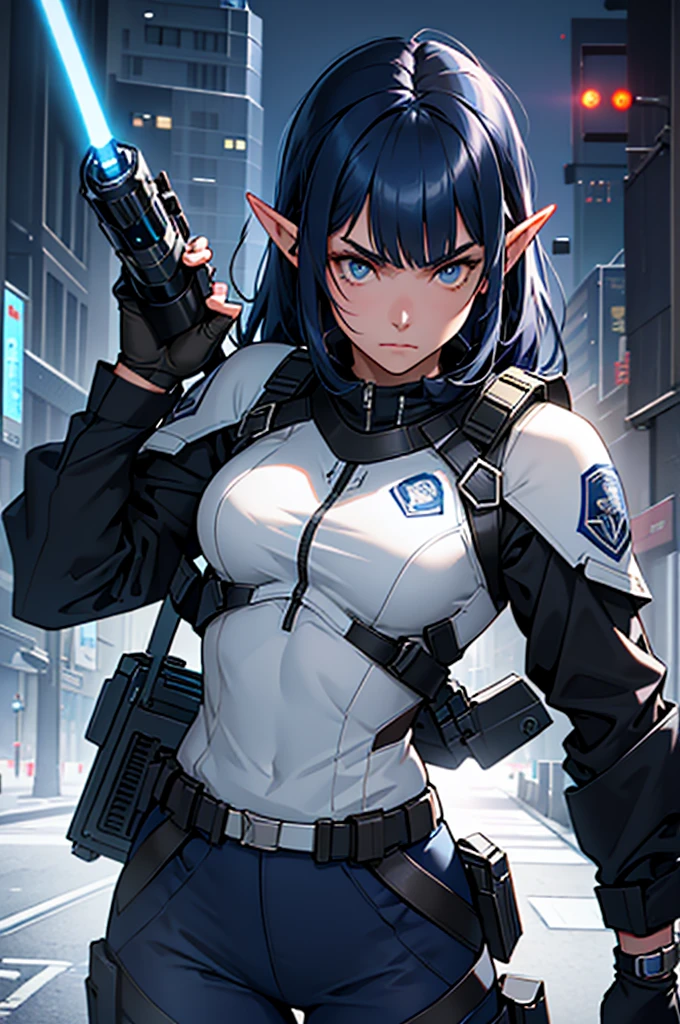 Create high quality images featuring an elf girl with dark navy blue hair and straight bangs。She is a member of the police special forces.。Aggressive pose。Aggressive facial expression。Have a lightsaber。In the background is the city inside the dome。 Next to her is a black armored vehicle.。