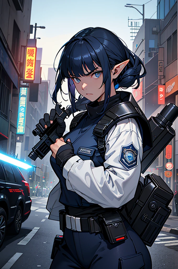 Create high quality images featuring an elf girl with dark navy blue hair and straight bangs。She is a member of the police special forces.。Aggressive pose。Aggressive facial expression。Have a lightsaber。In the background is the city inside the dome。 Next to her is a black armored vehicle.。