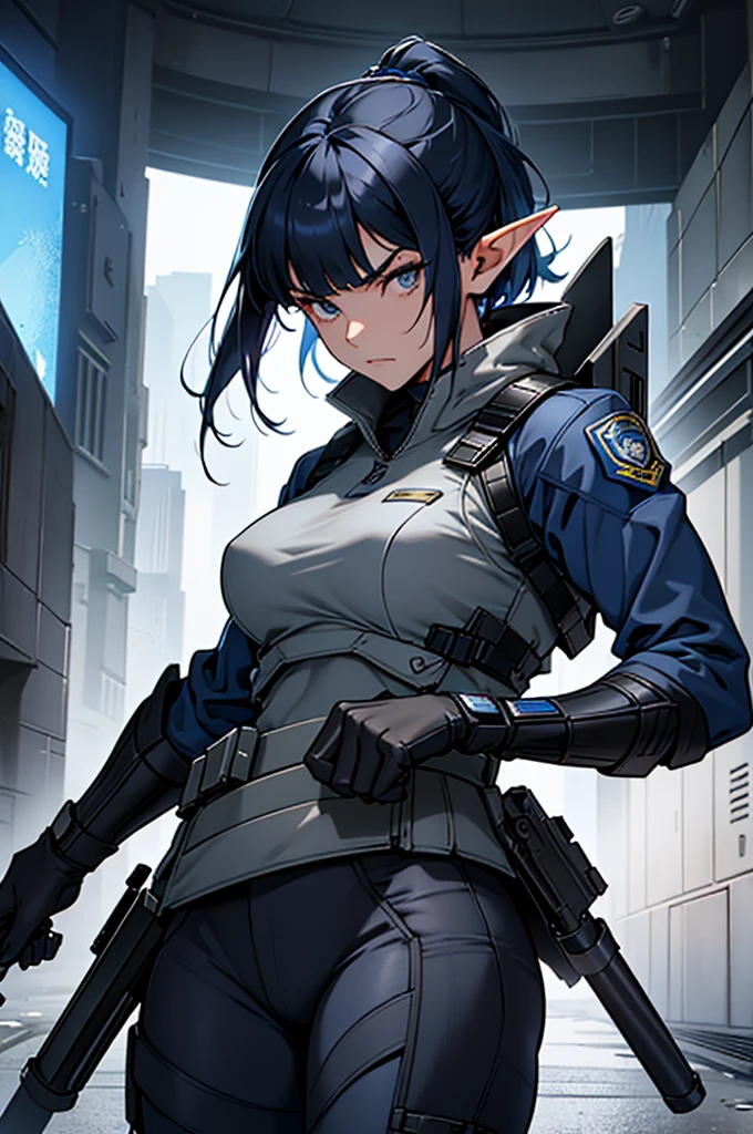 Create high quality images featuring an elf girl with dark navy blue hair and straight bangs。She is a member of the police special forces.。Aggressive pose。Aggressive facial expression。Have a lightsaber。In the background is the city inside the dome。 Next to her is a black armored vehicle.。