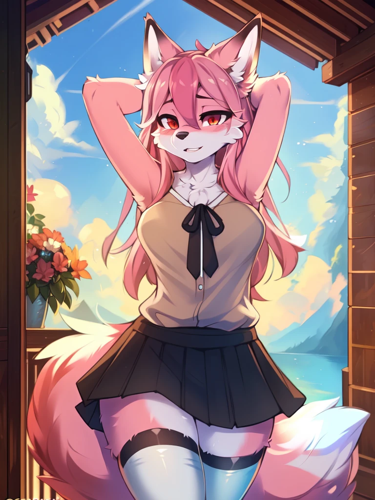 from Kenketa, Ross Tran, Ruan Jia, mumps, Foxovh, от zackary911, от Hyattlen, on a terrace, by Fumiko, от Pixelsketcher, by Bayard Wu, Thomas Benjamin Kennington, from Einshelm, from Kilina, by Coffeesoda, from Hyoshiru, from down-kevlar, от r-mk, by Dimwitdog, fluffy, Nazuna_hiwatasi, antro, Female, One, standing, mocking look, (half-closed eyes), pink hair, pink tail, (white for girls, blues skirt, high stockings), (Red eyes), I look at the viewer, (enormes breasts, hips), (Fox), (hands above head), (pink body, two-tone fur), costas para o espectador