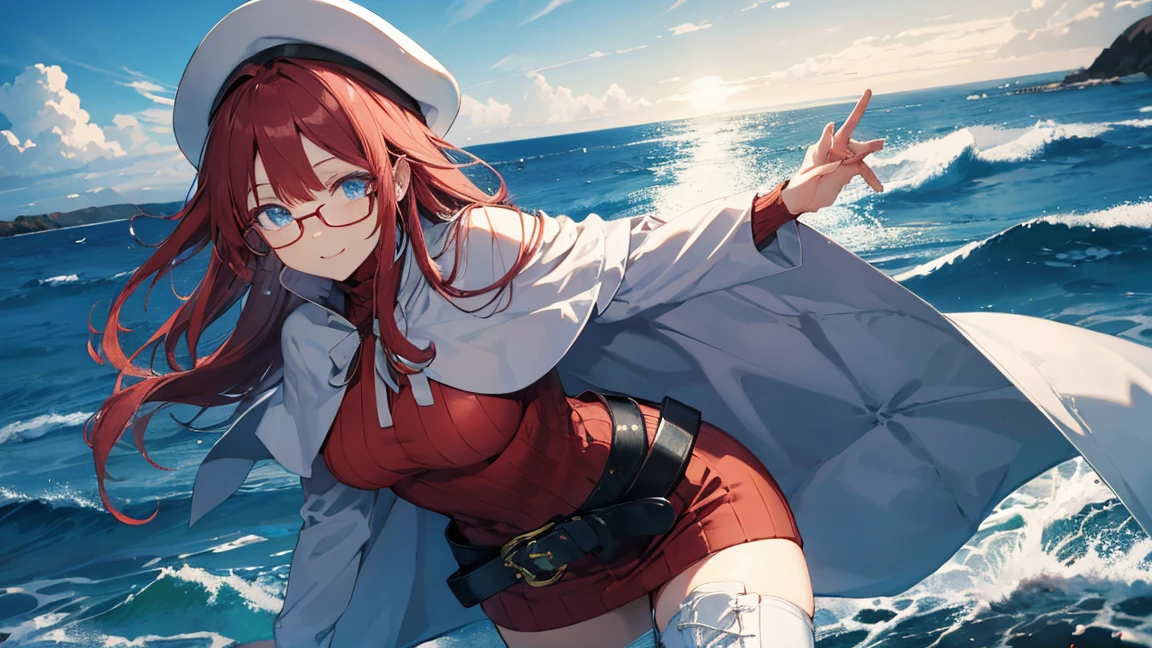 summonnightaty, aty, (young:1.3),long hair, blue eyes, red hair, big_tits, hat, glasses,
BREAK long hair, thighhighs, hat, dress, naked_legs, glasses, belt, cape, sweater, zettai ryouiki, beret, thigh boots, white footwear, ribbed sweater, loose belt,solo,
BREAK outdoors, fantasy,on_beach,
,Highquality_hads,perfect_fingers,
BREAK (masterpiece:1.2), best quality, high resolution, unity 8k wallpaper, (illustration:0.8), (beautiful detailed eyes:1.6), extremely detailed face, perfect lighting, extremely detailed CG, (perfect hands, perfect anatomy),covered_nipples,covered_navel ,half_eyes,long_sword,sleepy_eyes,red_sweater,apart_knees,magical_effect,spread_legs, have_a_book,teacher,rise_knee,Smile,rise_hand,look_down_viewer,spread_arms,sea​_waves,looking_into,blue_sky,plump,open_mouth, dynamic_posing,solo
