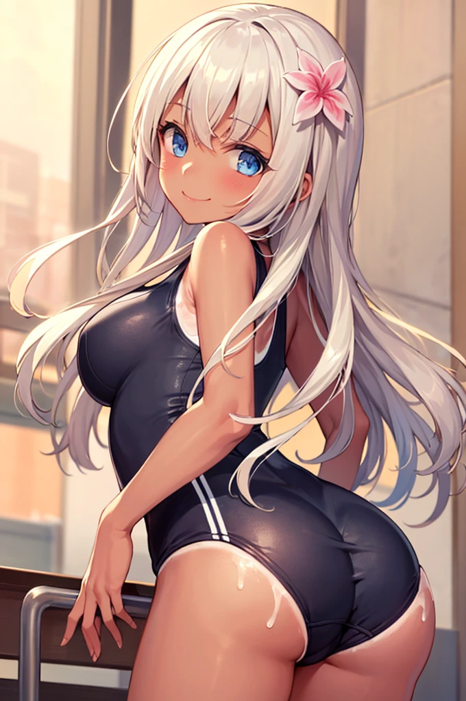 ((masterpiece,Highest quality)), Confused,
alone, 1 Girl,  Looking at the audience, smile, RO500, Long Hair, Hair Flowers, Sunburn, Dark Skin,School Swimsuit, From behind