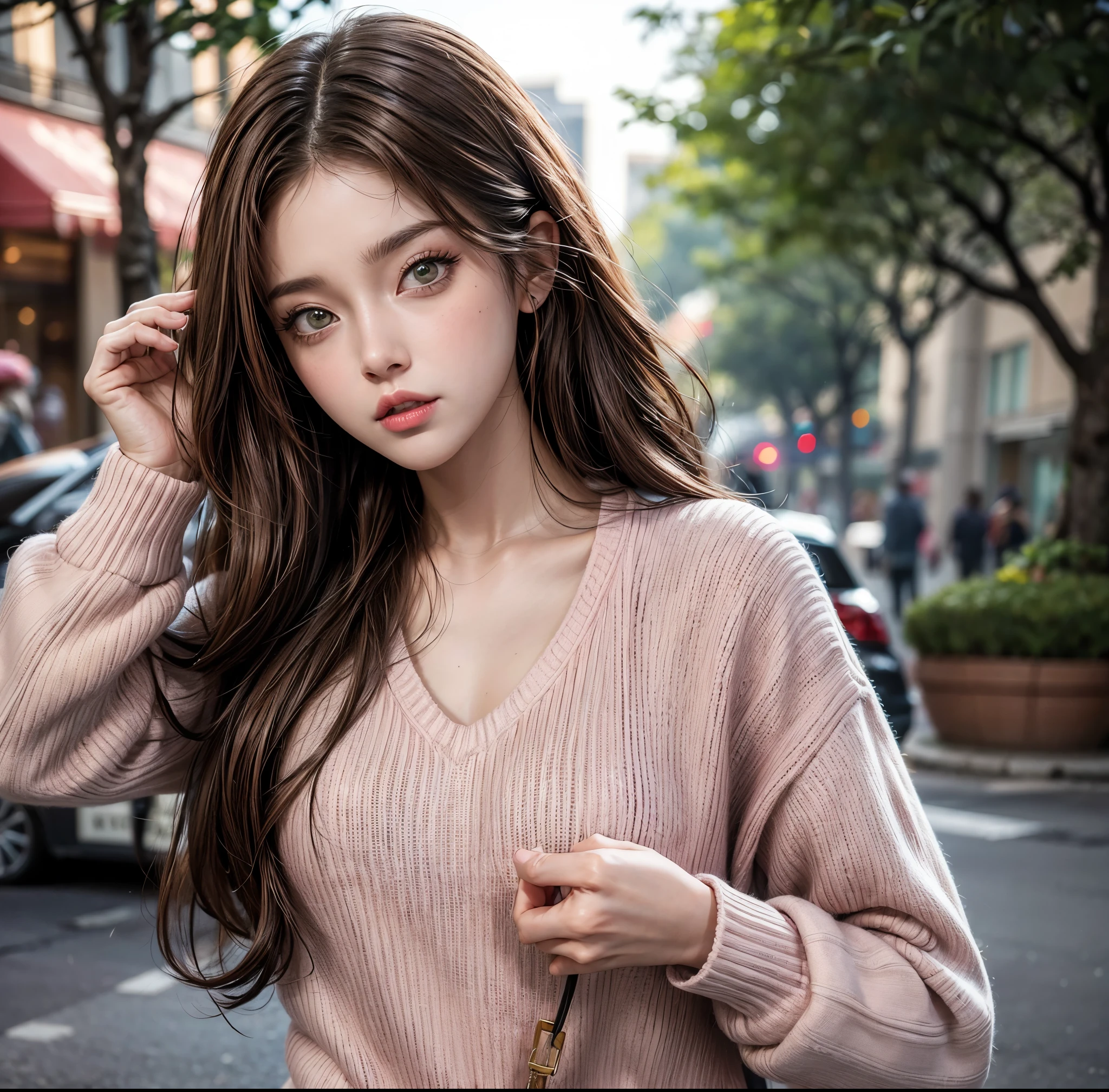 Girl, long brown hair, brown eyes, sharp features, white skin, pink lips, perfect, sweater