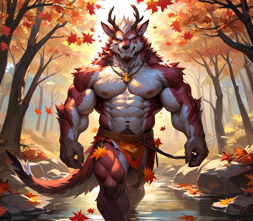 ((best quality)), ((masterpiece)), (ultra detailed), perfect face,antro baize:2.5, male , ((deep-crimson fur)), (strong beefy muscular body), ((abs, strongmuscles, 8 pack)), furry, handsome,Beautiful and delicate eyes, (ultra detailed eyes, (yellow):0.1 eyes, sharp eyes), detailed scene,full body, reflection, shirtless, red cimson hair, topless, pink nipples, (by null-ghost,by traver009,by lindong,by pino daeni), (full body), wearing random pattern necklace, claws, ((fluffy fur, fluffy, furry body)), (qilin, a pair of antler), majestic, wind blowing, ((white belly), ((1 long tail)), big fellow, muscular male, (traditional chinese attire, (blue Hanfu)), fluffy chest hair, handsome,(Great physique),Delicate canine teeth, hairy, male, anime, full body, sweating:1.8, ((Autumn falling leaves:1.3)), walking through autumn forest, fall foliage, serene atmosphere, sunlight streaming through trees, cascading leaves, rustling of leaves, layered shades of orange and gold, tall swaying trees, sunlit path, autumnal palette, tranquil ambience,nature immersion