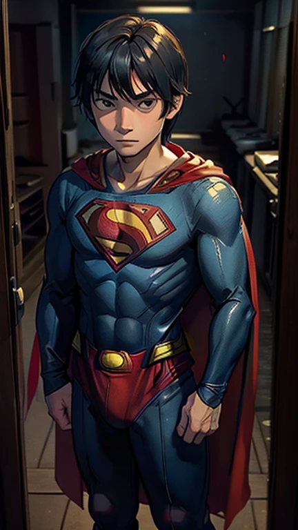 best quality,masterpiece,1boy,solo,(((15years old))),japanese boy,an extremely cute and handsome boy,highly detailed beautiful face and eyes,petit,cute face,lovely face,baby face,shy smile,show teeth, Black hair,Short hair,flat chest,skinny,slender,(((wearing a Superman costume,red cape))),(((standing in reelunsettling dark indoors room))),he is looking at the viewer,