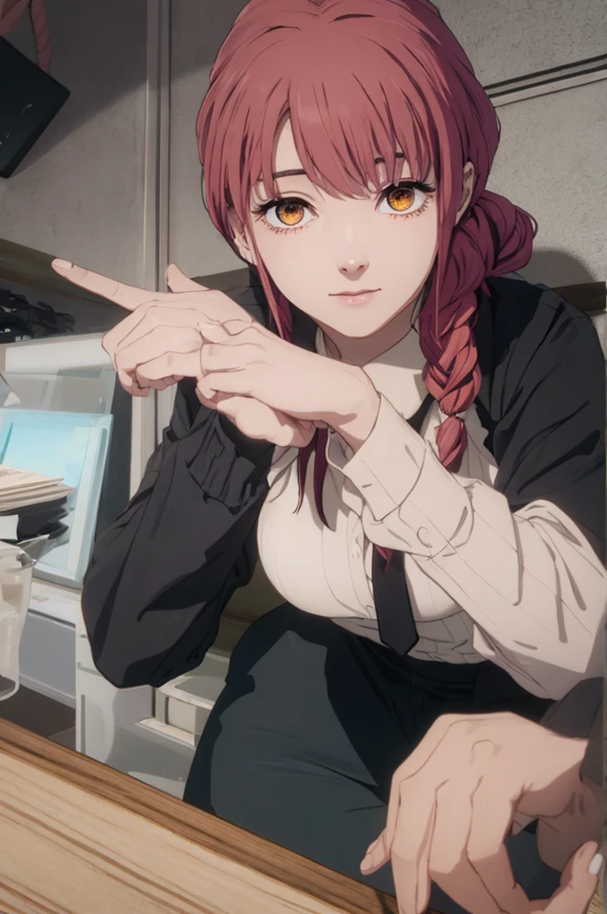 makima, makima, long hair, smile, closed mouth bangs, medium breasts, (yellow eyes:1.2), braid, blue hair, braided ponytail, ringed eyes, BREAK shirt, long sleeves, jacket, white shirt, cleavage, sitting on table, loose necktie, collared shirt, pants, black jacket, black blazer, black pants, formal, suit, loose black necktie, shirt tucked in, office lady, BREAK indoors, office, BREAK looking at viewer, BREAK (masterpiece:1.2), best quality, high resolution, unity 8k wallpaper, (illustration:0.8), (beautiful detailed eyes:1.6), extremely detailed face, perfect lighting, extremely detailed CG, (perfect hands, perfect anatomy),