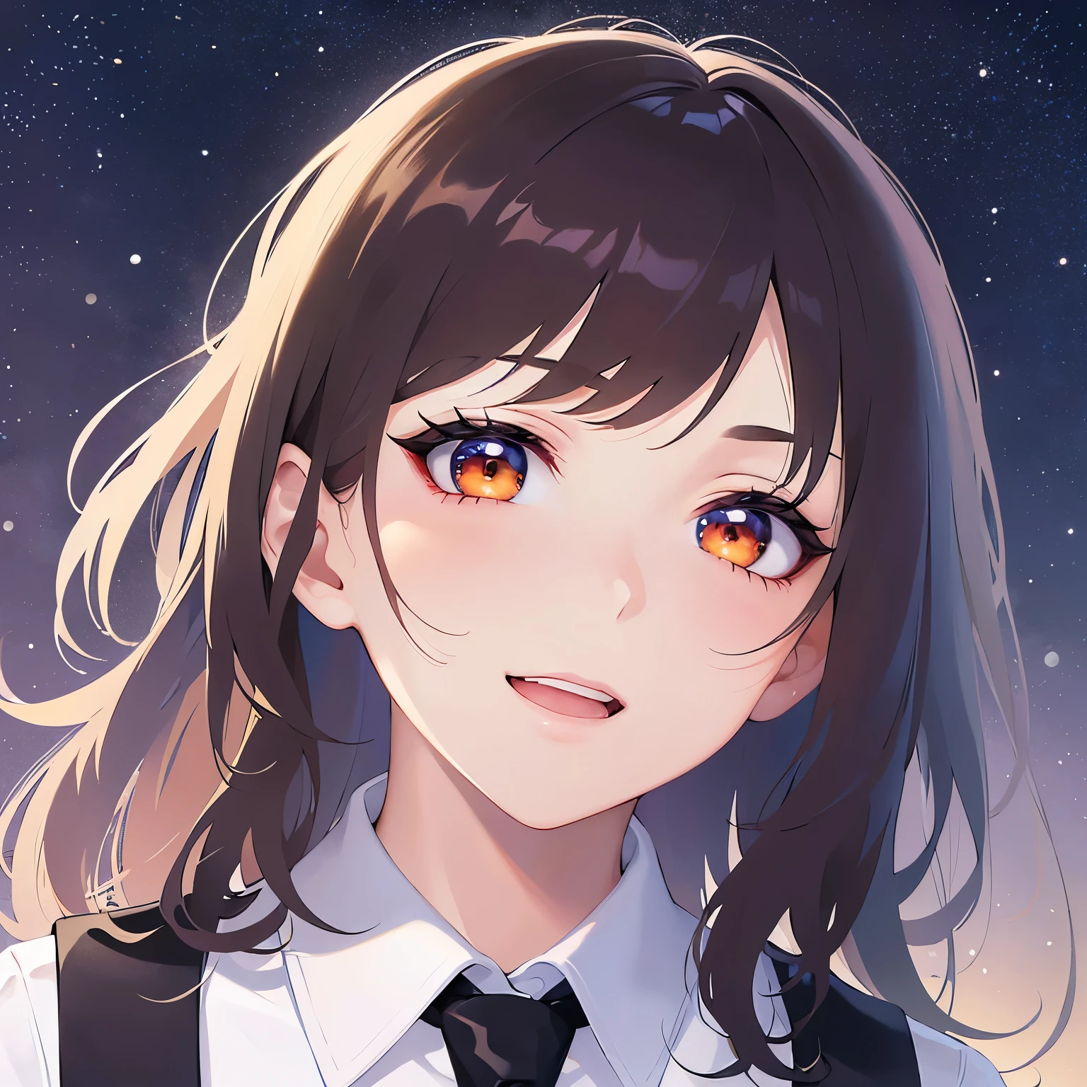 lookin at viewer,upper body, Looking up、head tilt、 Realistic, real person, (pale skin: 1.2), RAW photo, photorealistic, shiny skin, shiny hair、 (A 25-year-old woman with bob hair and bangs) and (wavy hair) and (brown hair) and (Orange Eyes)、Business suits and (Wearing a white collared shirt)、 open mouth,happy smile,Night Sky、garden