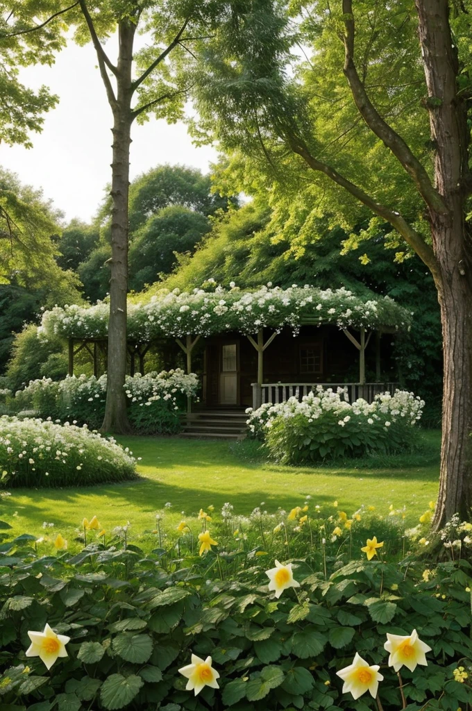 The image Should contain: The sun,the moon,trees old and young,a bower,Daffodils,clear rills,thick ferns,musk roses and musk roses must be surrounded by old and young trees