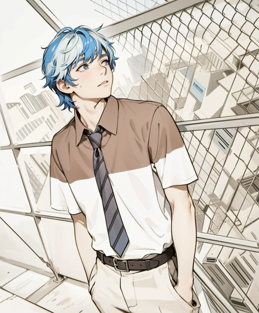 16 year old man in the background there is a city he is on top of his school looking curious and thoughtful the city has blue hair and his eyes are blue